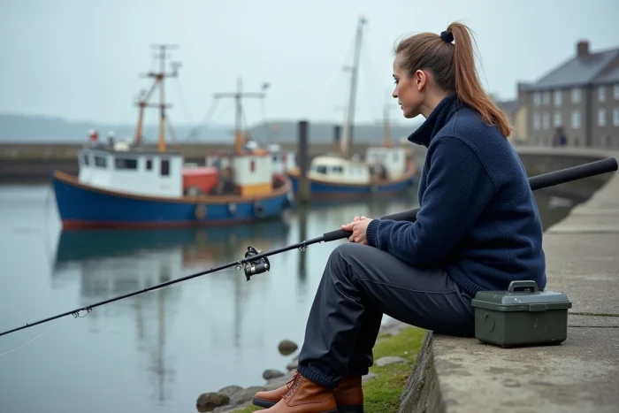 Femme pêchant depuis le quai du port du Guilvinec, assise sur un muret en béton avec sa canne à pêche et sa boîte à leurres