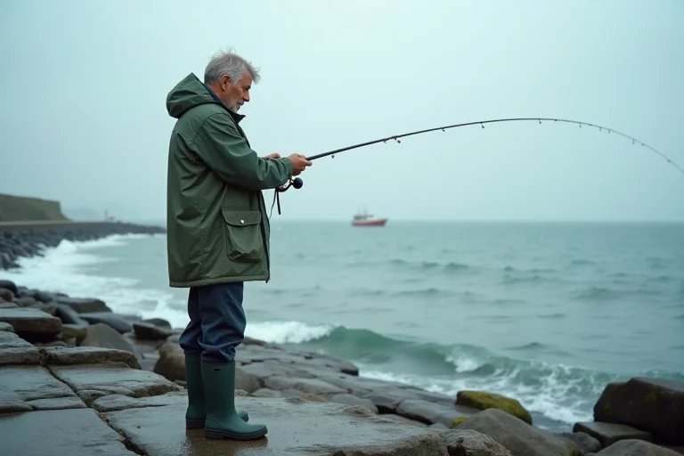 Pêcheur du bord en veste de pluie verte sur les rochers granitiques du Guilvinec, lançant sa ligne dans l'Atlantique par temps brumeux