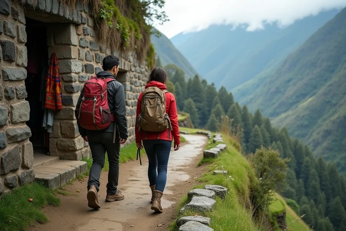 Un couple de randonneurs sur un sentier inca en pierre dans la Vallée Sacrée du Pérou, entouré de terrasses de montagne dans la brume