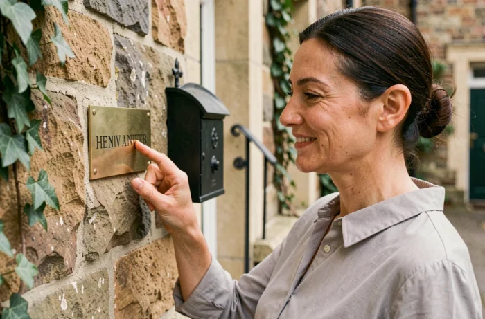 Woman admiring a personalized engraved house plaque on a stone wall, IdentiTools customization service