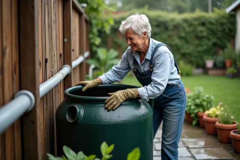 Femme installant un système de récupération d'eau de pluie sans toit avec un tonneau et des gouttières en PVC dans un jardin urbain