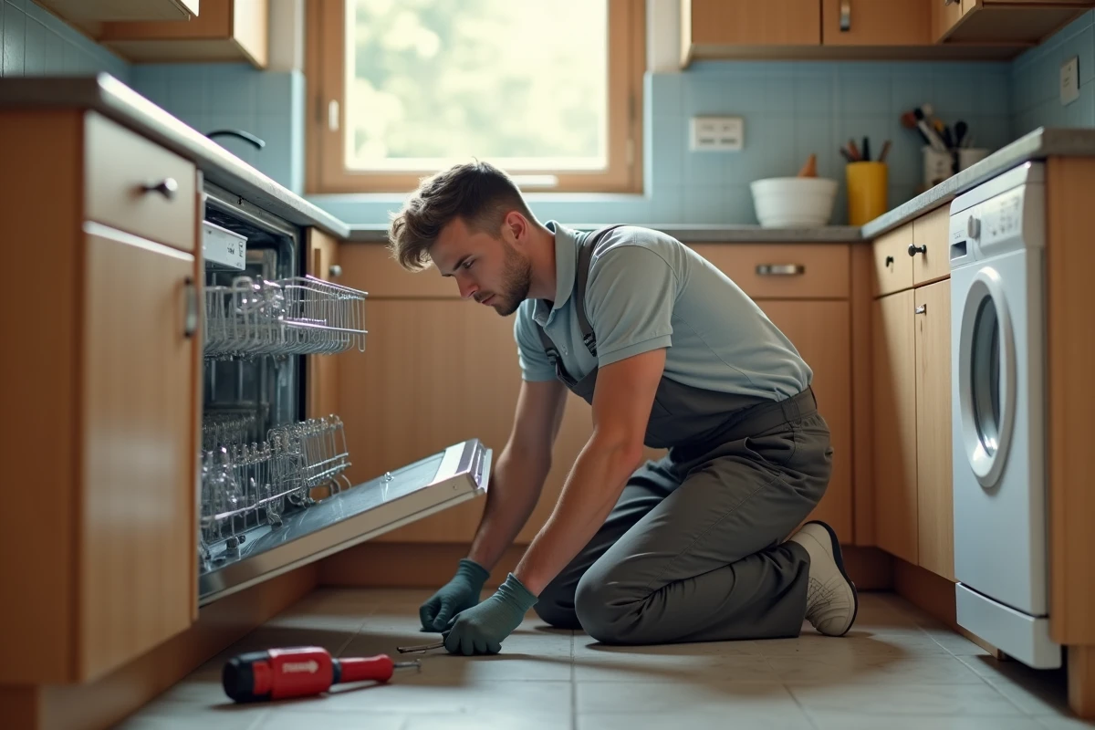 Jeune homme réparant un lavevaisselle dans une cuisine