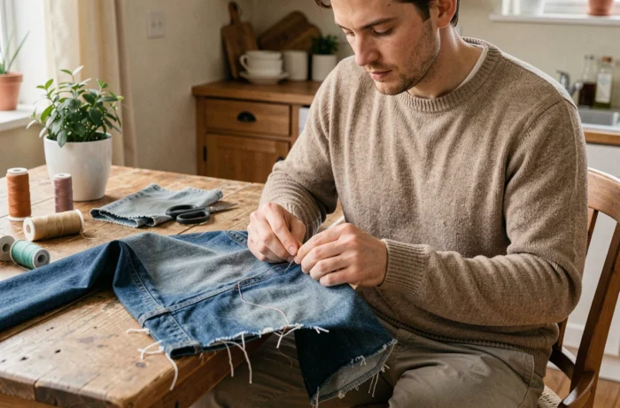 Hombre reparando un jean de denim en casa, practicando la slow fashion y la moda ética en su día a día