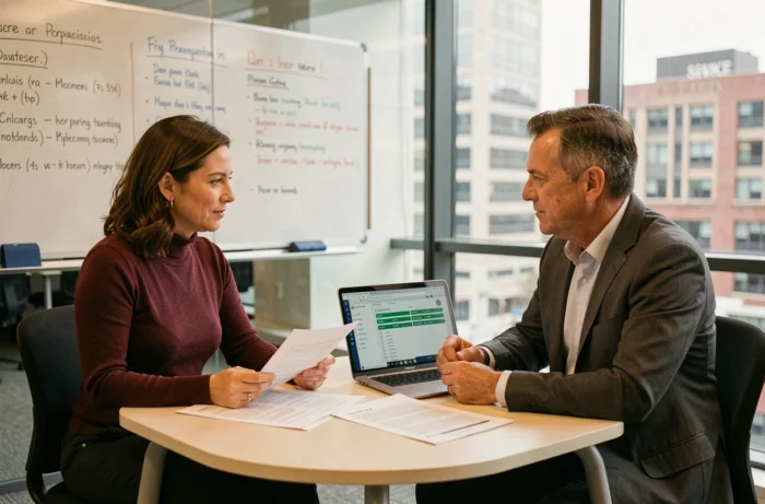 Two HR professionals in a meeting analyzing documents and an HR management dashboard on a laptop