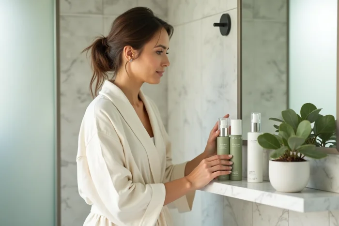 Femme arrangeant sa routine beauté avec des soins essentiels sur une étagère en marbre blanc dans une salle de bain minimaliste