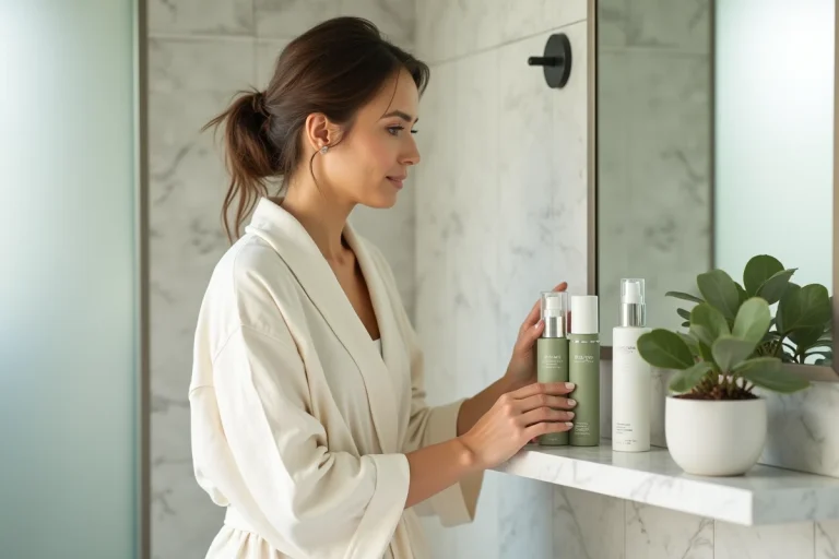 Femme arrangeant sa routine beauté avec des soins essentiels sur une étagère en marbre blanc dans une salle de bain minimaliste