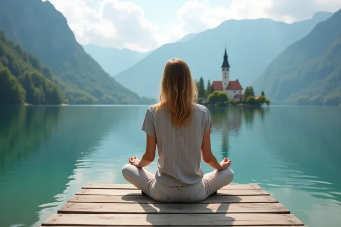 Une jeune femme assise sur un ponton au bord du lac de Bled en Slovénie avec le reflet de l'église de l'île et les Alpes Juliennes en arrière-plan