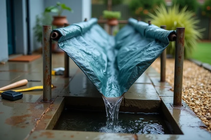Gros plan d'un système ingénieux de récupération d'eau de pluie avec bâche et citerne enterrée sur une terrasse sans toit