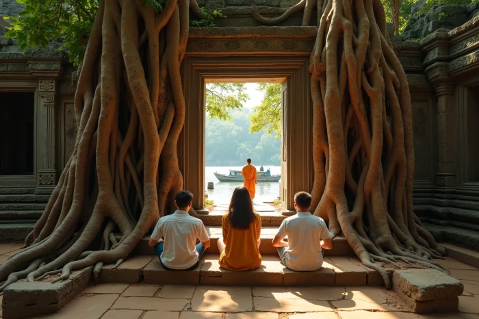Trois voyageurs sur les marches d'un temple khmer au Cambodge envahi par les racines de figuiers étrangleurs avec un bateau thaïlandais et un moine laotien en arrière-plan