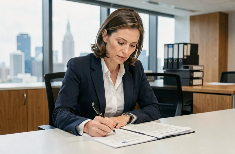 Femme professionnelle examinant des documents légaux dans un bureau moderne, illustrant la transparence juridique d'un site web