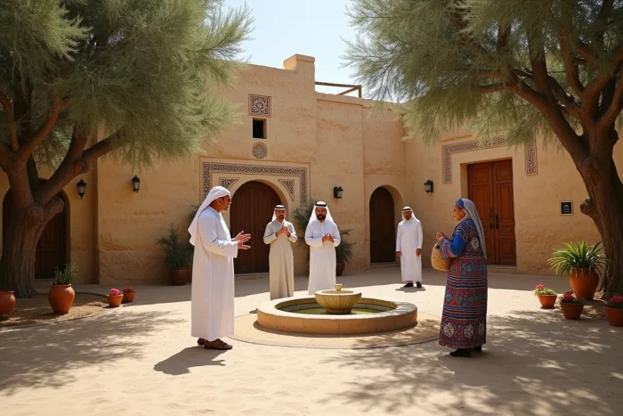Place de village traditionnel au Moyen-Orient avec des habitants en habits régionaux illustrant les structures communautaires et familiales dans les sociétés rurales