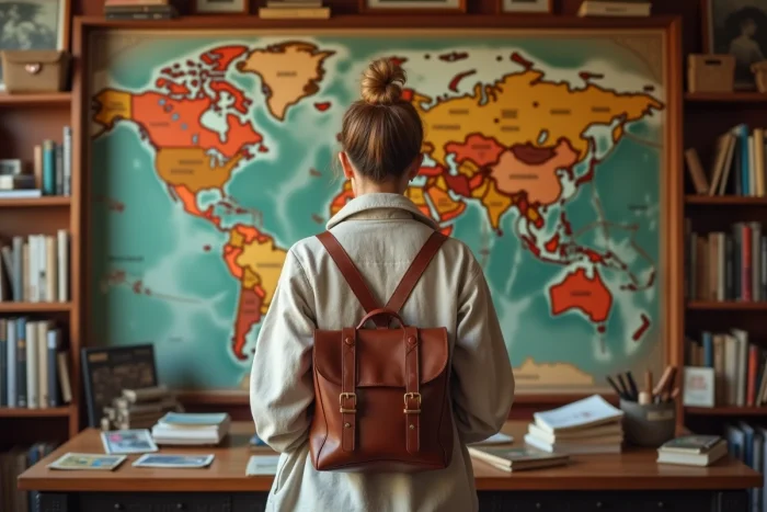 Une voyageuse contemplant une carte du monde couverte de destinations marquées dans un bureau de voyageur passionné